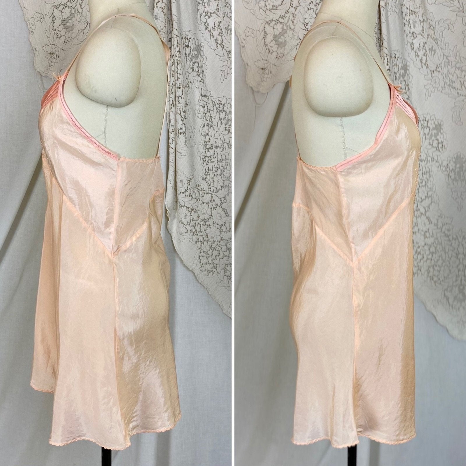 Vintage 1930's Teddy Chemise | Pale Peachy Pink Silk with Satin Trim & Floral Embroidery | Size M, LG - Daggers & Dames