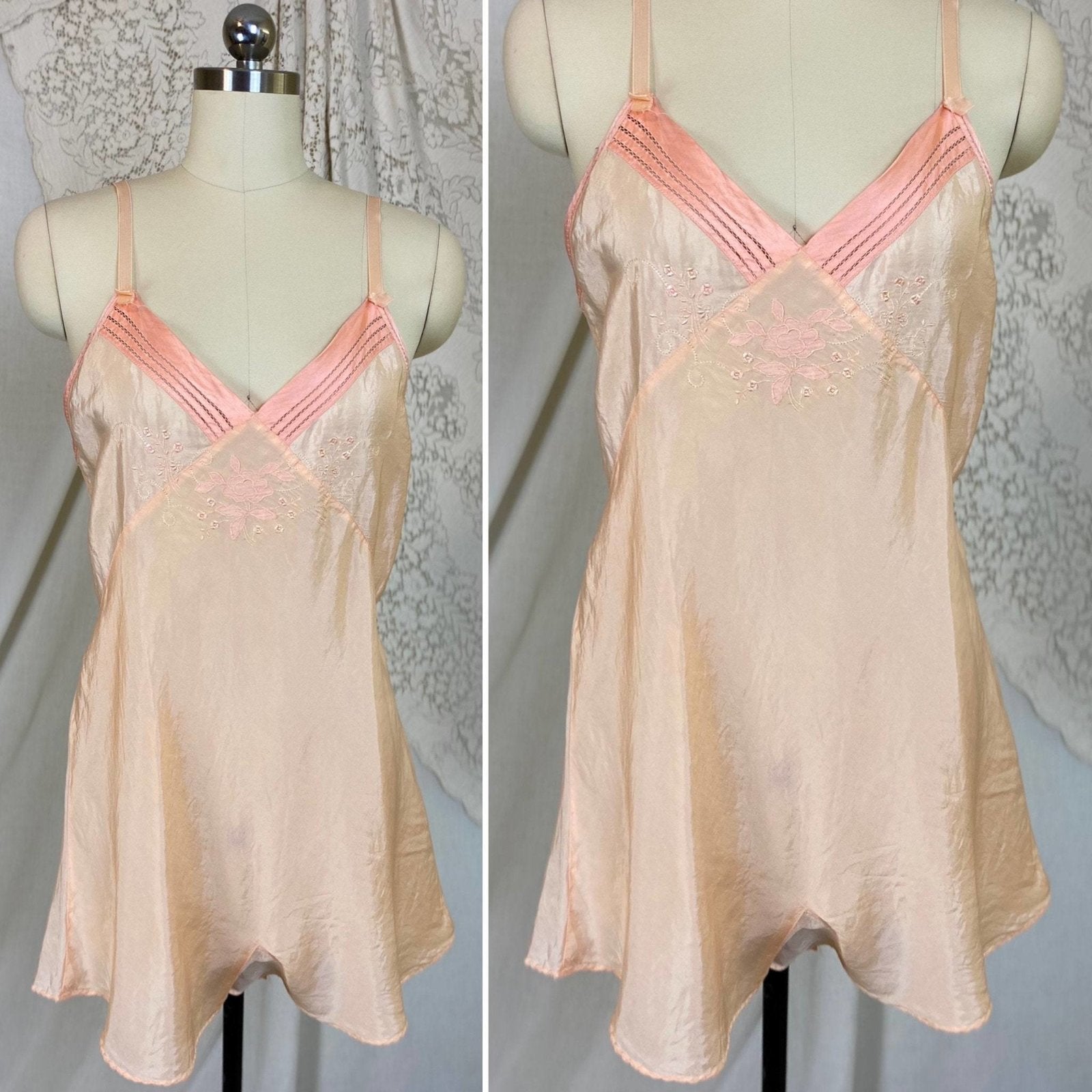 Vintage 1930's Teddy Chemise | Pale Peachy Pink Silk with Satin Trim & Floral Embroidery | Size M, LG - Daggers & Dames