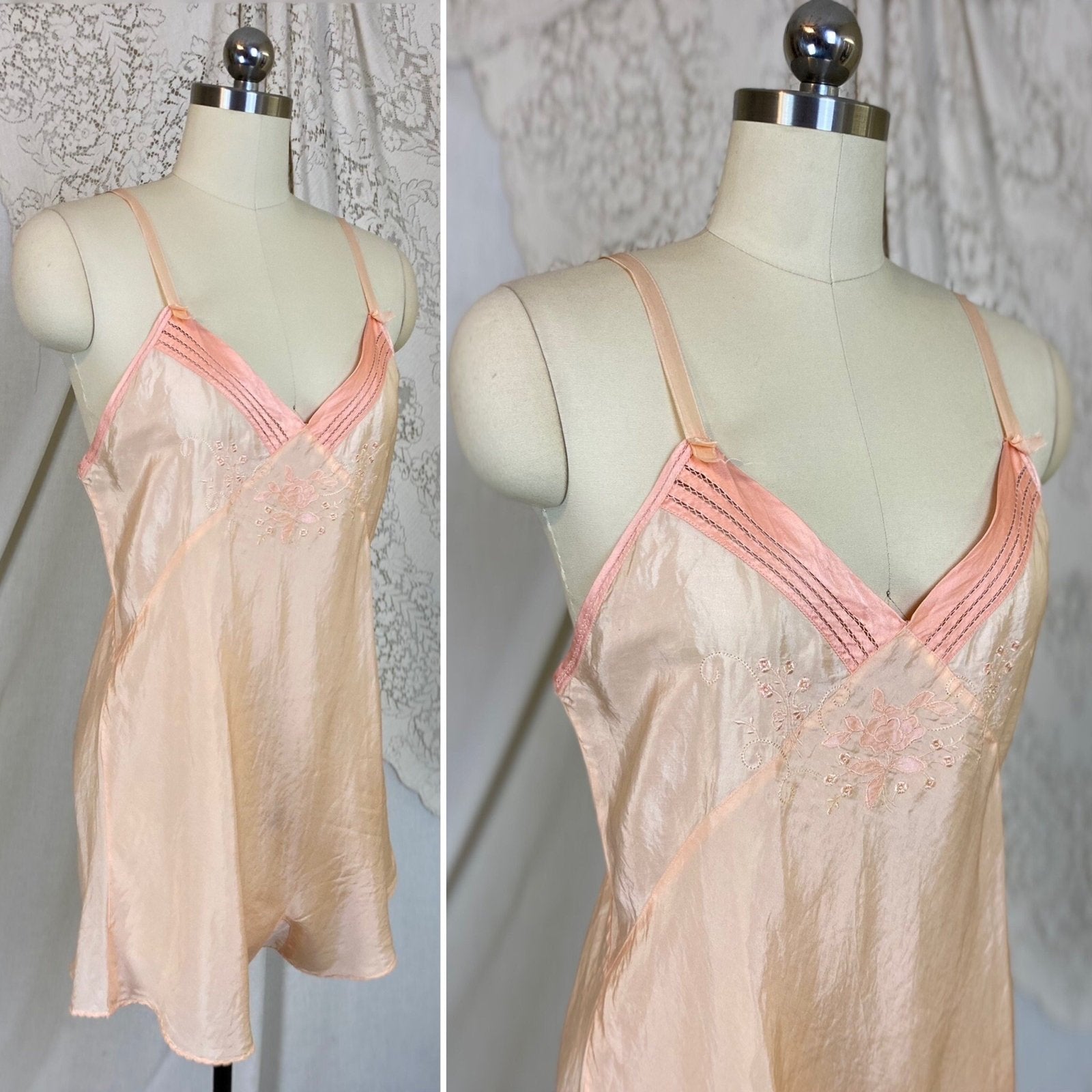 Vintage 1930's Teddy Chemise | Pale Peachy Pink Silk with Satin Trim & Floral Embroidery | Size M, LG - Daggers & Dames