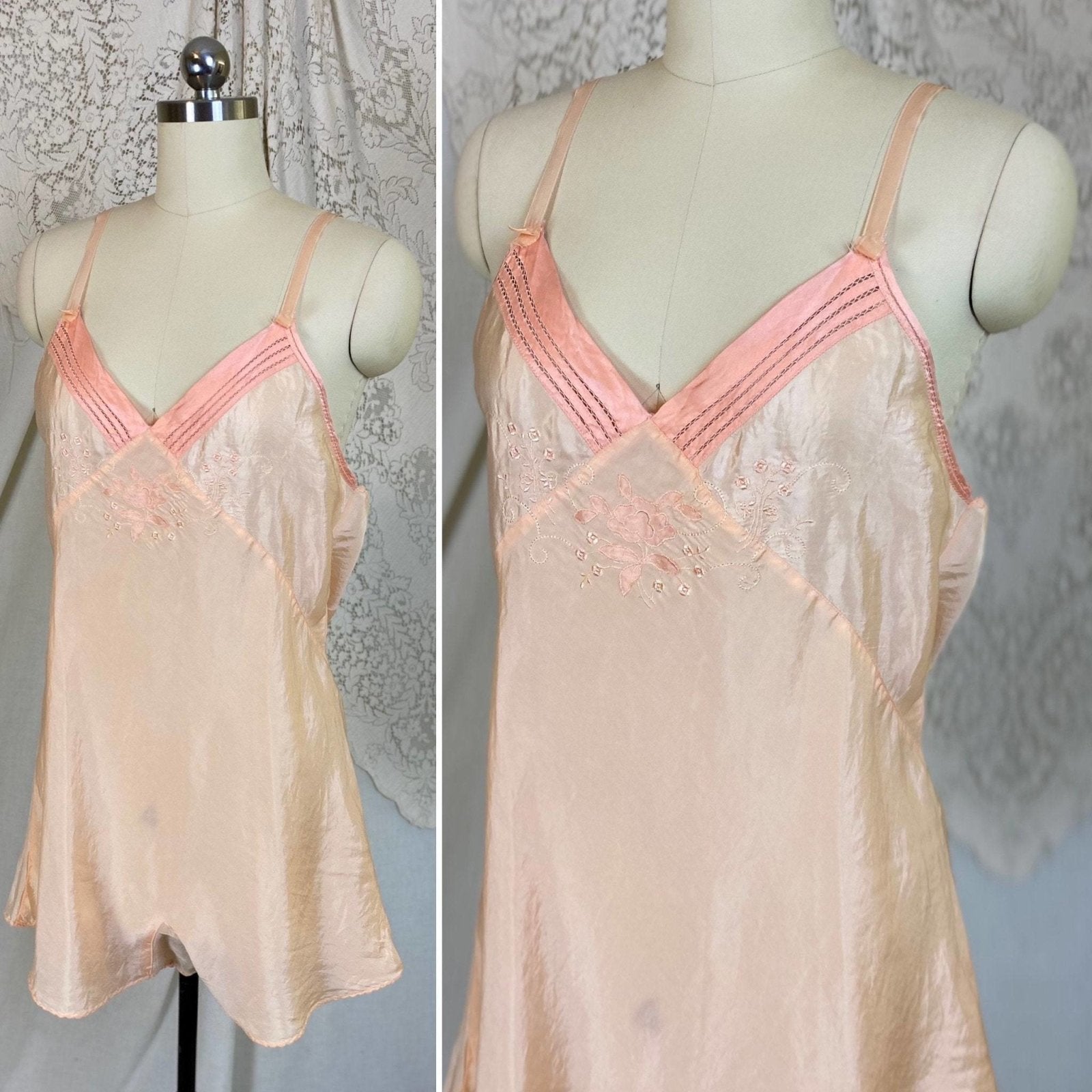 Vintage 1930's Teddy Chemise | Pale Peachy Pink Silk with Satin Trim & Floral Embroidery | Size M, LG - Daggers & Dames