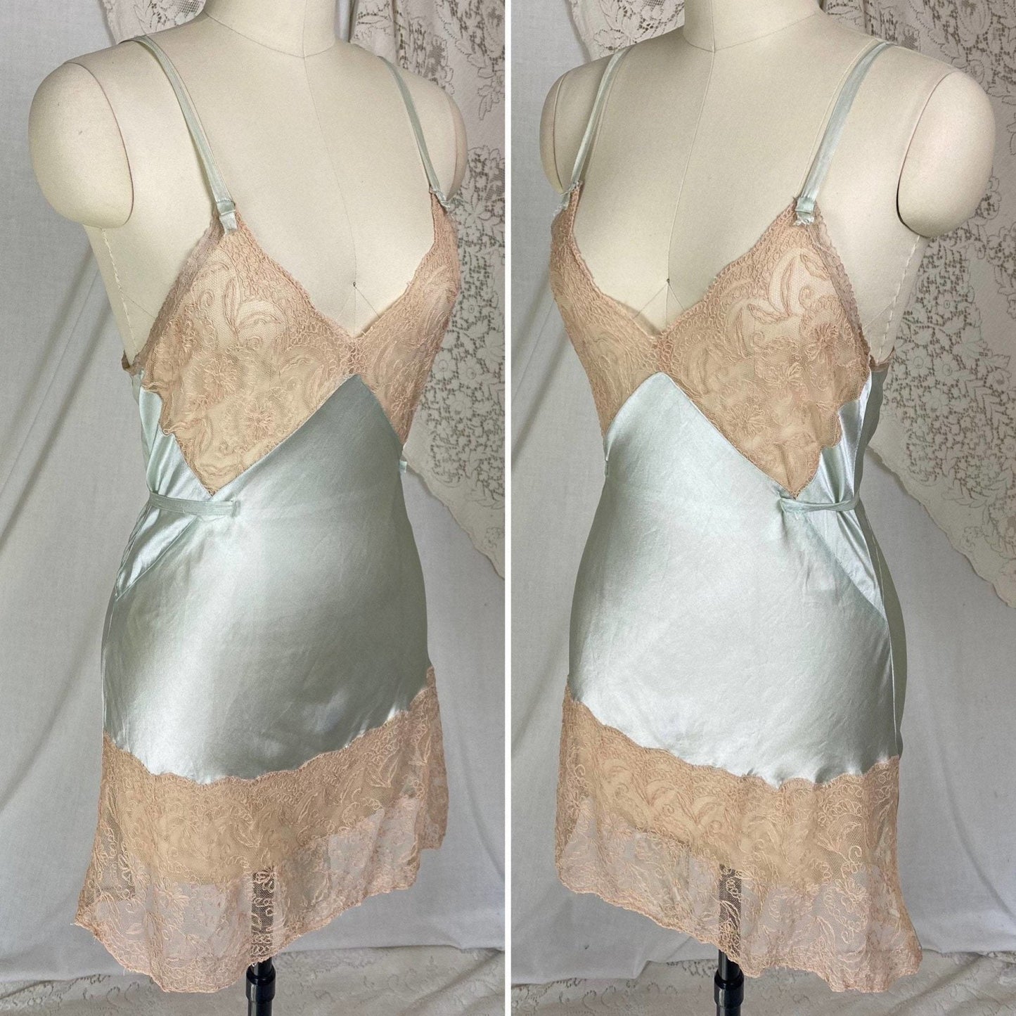 Vintage 1930's Teddy Chemise | Pale Teal Green Silk with Embroidered Tambour Lace | Size XS, S - Daggers & Dames