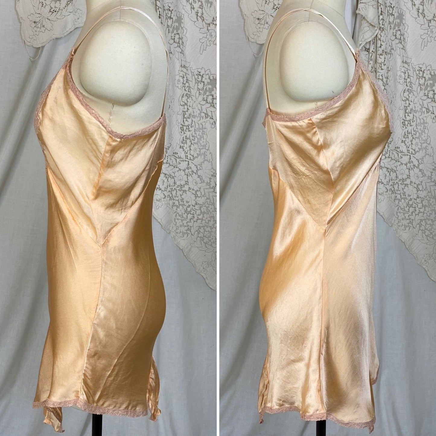 Vintage 1930's Teddy Chemise | Rich Peach Silk with Warm Nude Floral Lace | Size M, LG - Daggers & Dames