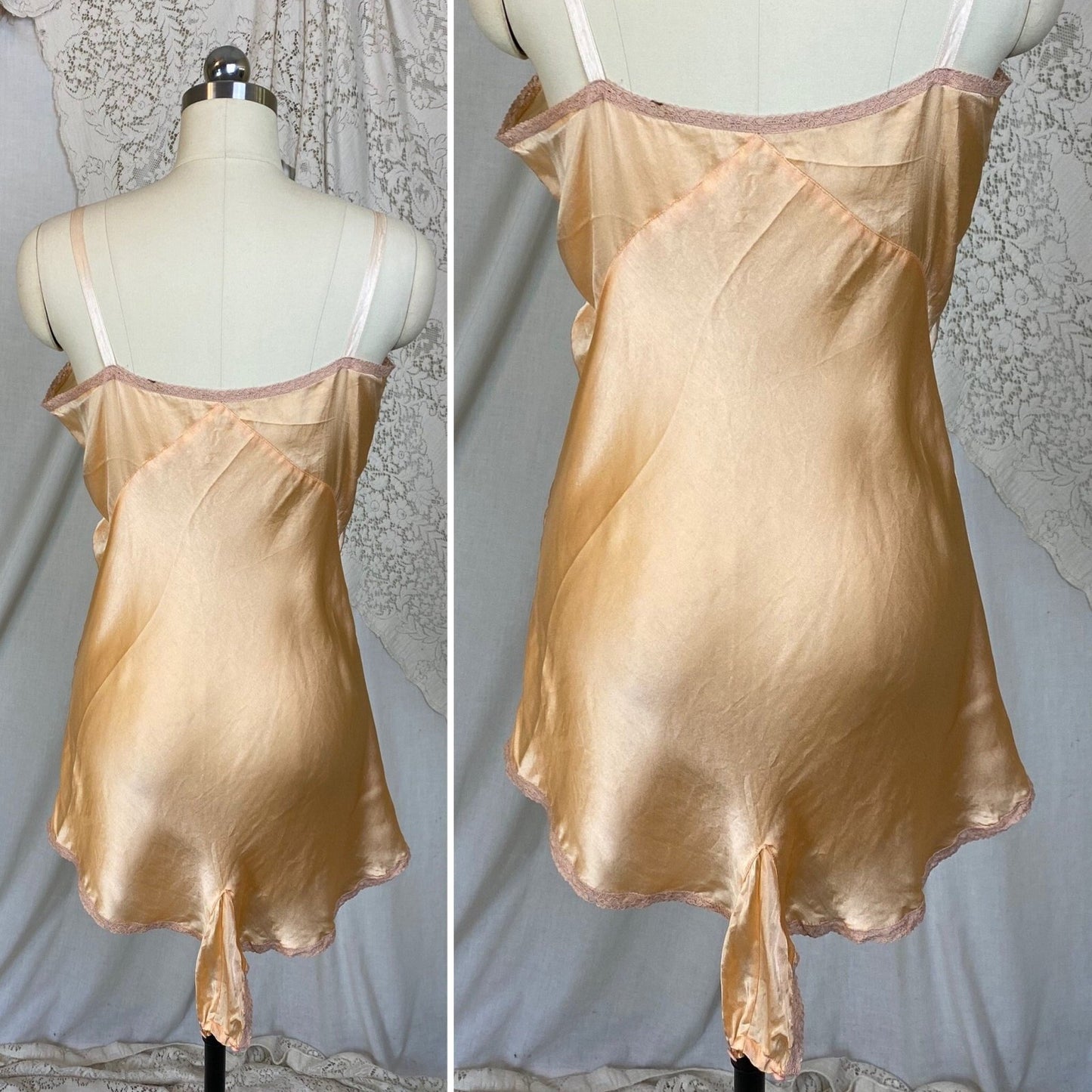 Vintage 1930's Teddy Chemise | Rich Peach Silk with Warm Nude Floral Lace | Size M, LG - Daggers & Dames