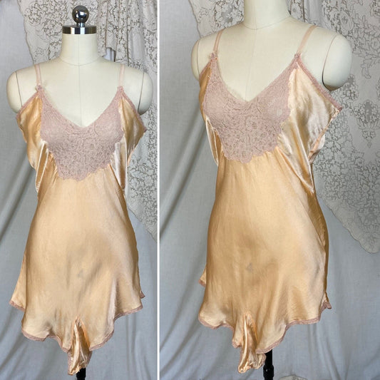 Vintage 1930's Teddy Chemise | Rich Peach Silk with Warm Nude Floral Lace | Size M, LG - Daggers & Dames