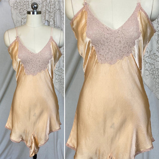 Vintage 1930's Teddy Chemise | Rich Peach Silk with Warm Nude Floral Lace | Size M, LG - Daggers & Dames