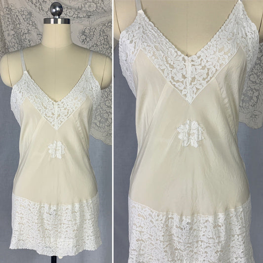 Vintage 1930's Teddy Chemise | Sheer Ivory Silk with White Floral Lace | Size SM - Daggers & Dames