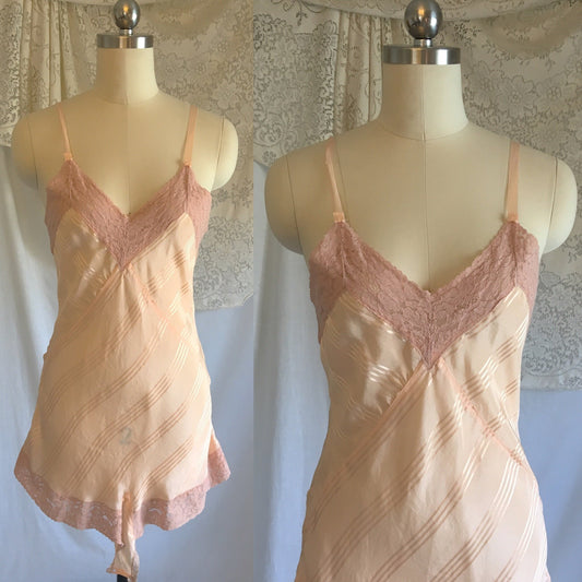 Vintage 1930's Teddy | Peach Silk with Satin Stripes & Mauve Pink Lace | Streamline Lingerie | Size XS - Daggers & Dames