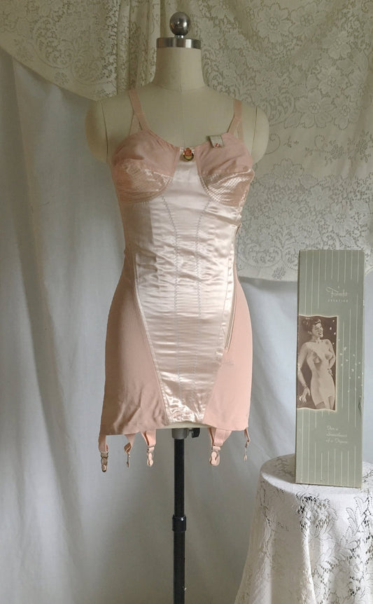 Vintage 1940's All in One Girdle | Tea Rose Pink Rayon Satin with Embroidery | Life by Formfit, New with Original Box | Size S, M - Daggers & Dames