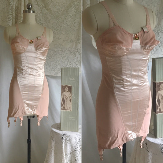 Vintage 1940's All in One Girdle | Tea Rose Pink Rayon Satin with Embroidery | Life by Formfit, New with Original Box | Size S, M - Daggers & Dames