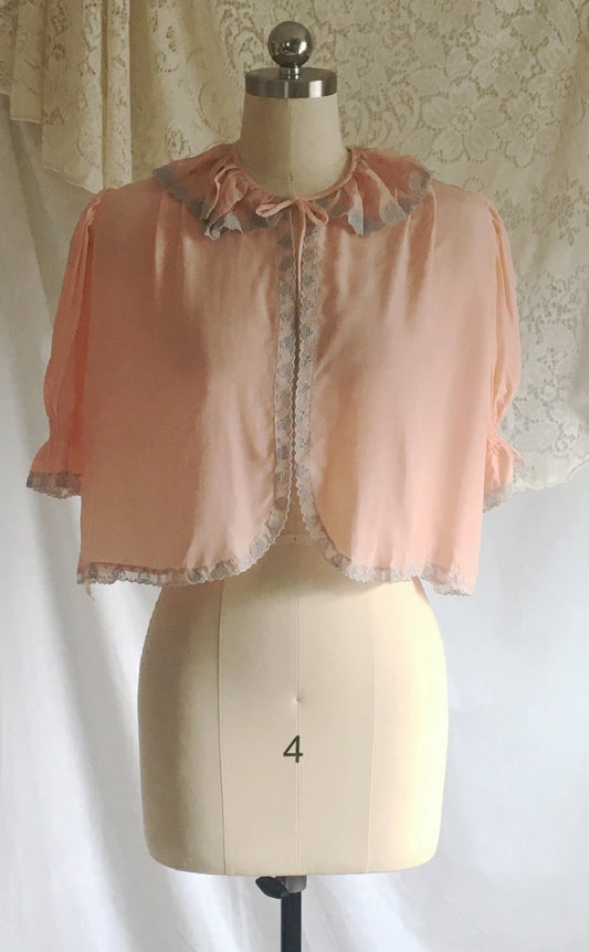 Vintage 1940's Bed Jacket | Bubblegum Pink Rayon with Gray Heart Embroidery | Size XS, S - Daggers & Dames