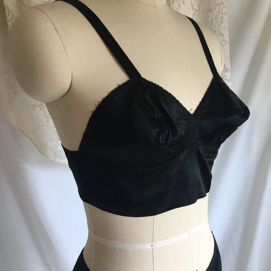 Vintage 1940's Bra | Black Rayon Satin & Lace Up Corset Back | Bullet Bra | Sexy Lingerie | French Uplift by Rose Marx | Size 34 - Daggers & Dames