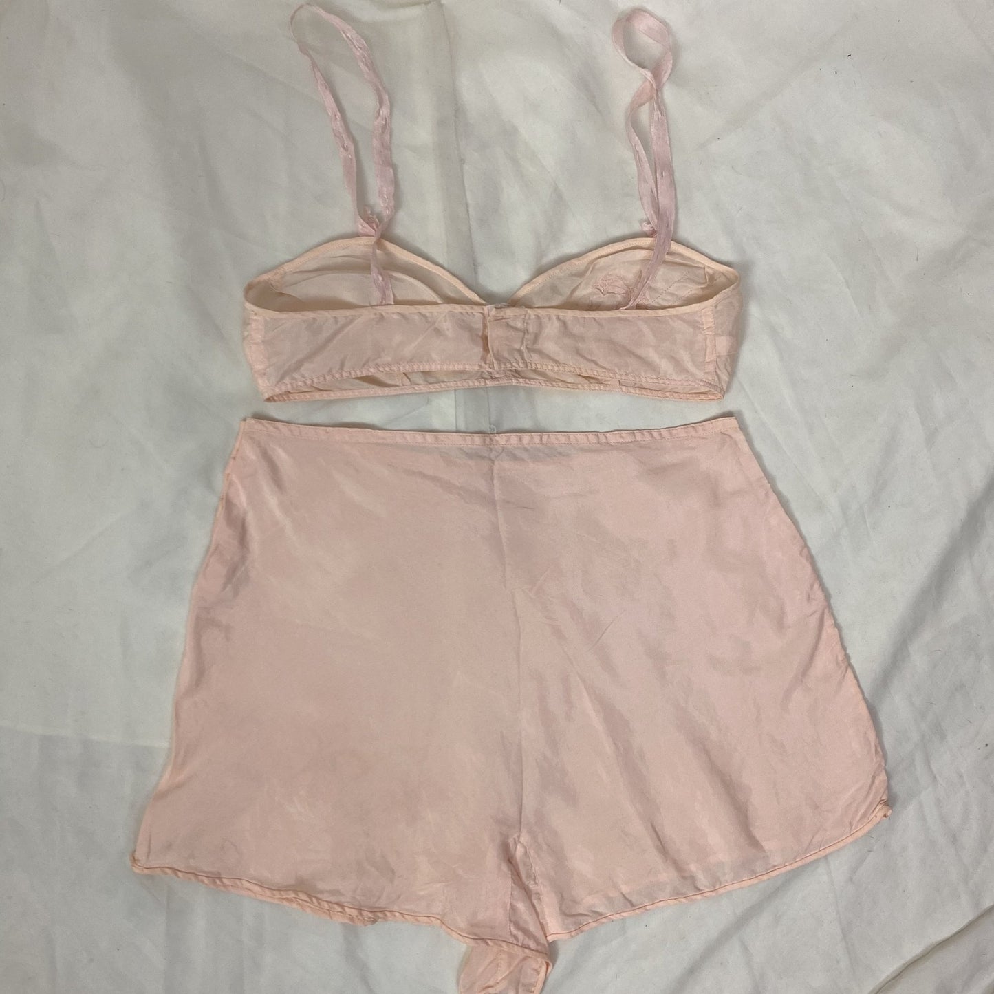 Vintage 1940's Bralette & Tap Pant Lingerie Set | Palest Pink Silk Crepe with Satin Appliques | Size XS, 32 B - Daggers & Dames