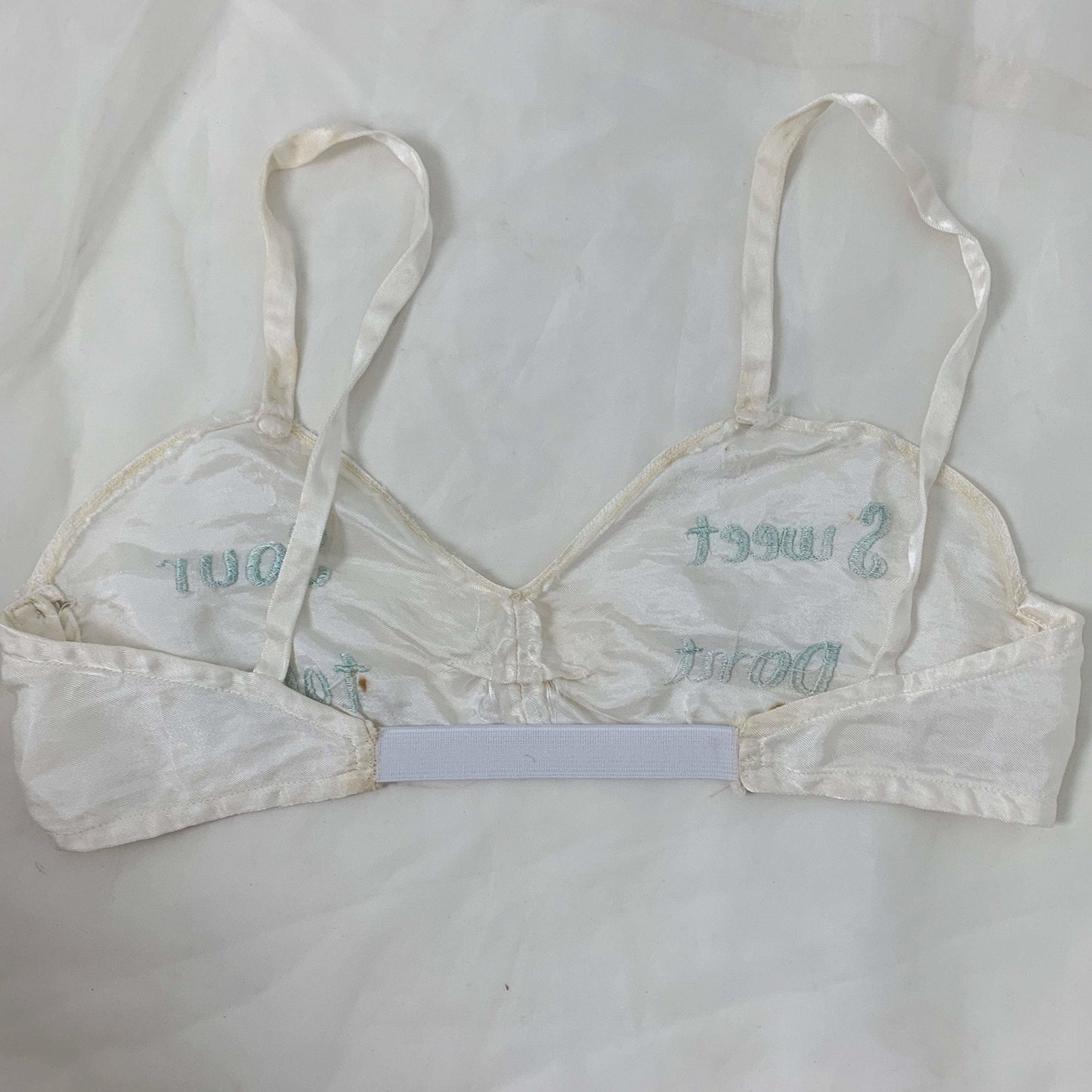 Vintage 1940's Bralette & Tap Pant Set | Buttermilk White Rayon Satin with Embroidery | Size XS | WWII Souvenir Lingerie, Made in Japan - Daggers & Dames