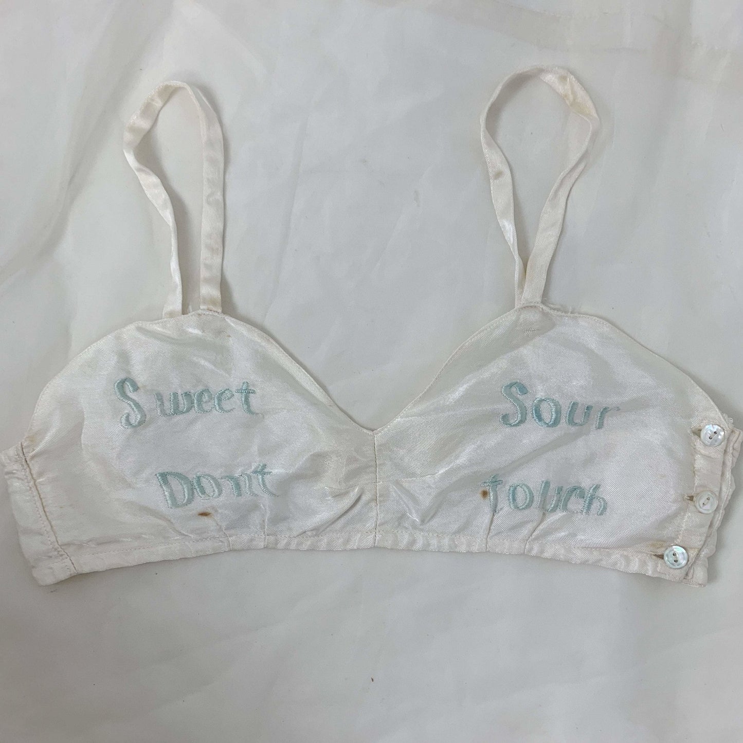 Vintage 1940's Bralette & Tap Pant Set | Buttermilk White Rayon Satin with Embroidery | Size XS | WWII Souvenir Lingerie, Made in Japan - Daggers & Dames