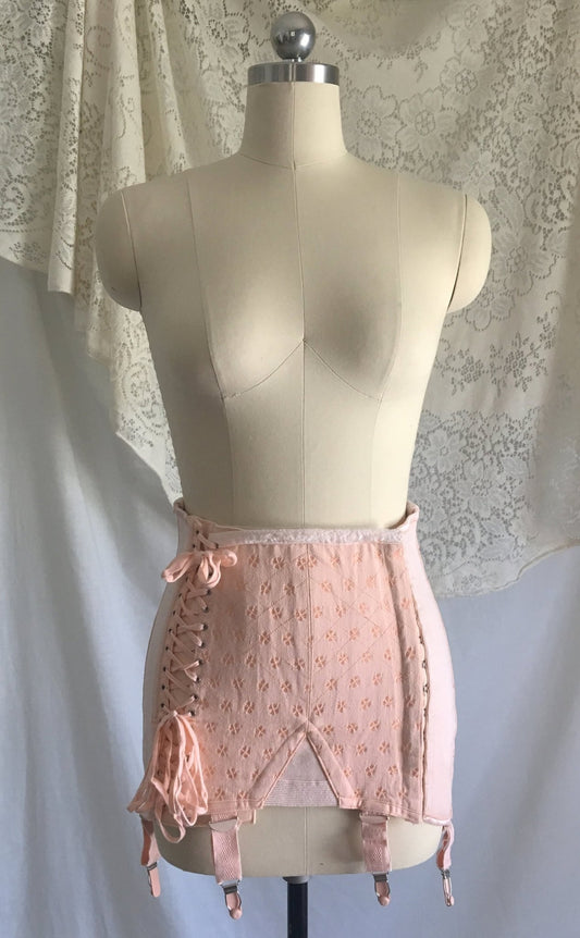 Vintage 1940's Corset Girdle | Bubblegum Pink Damask with Velvet & Boning | French Lingerie | Open Bottom with Garters | Size M, LG - Daggers & Dames