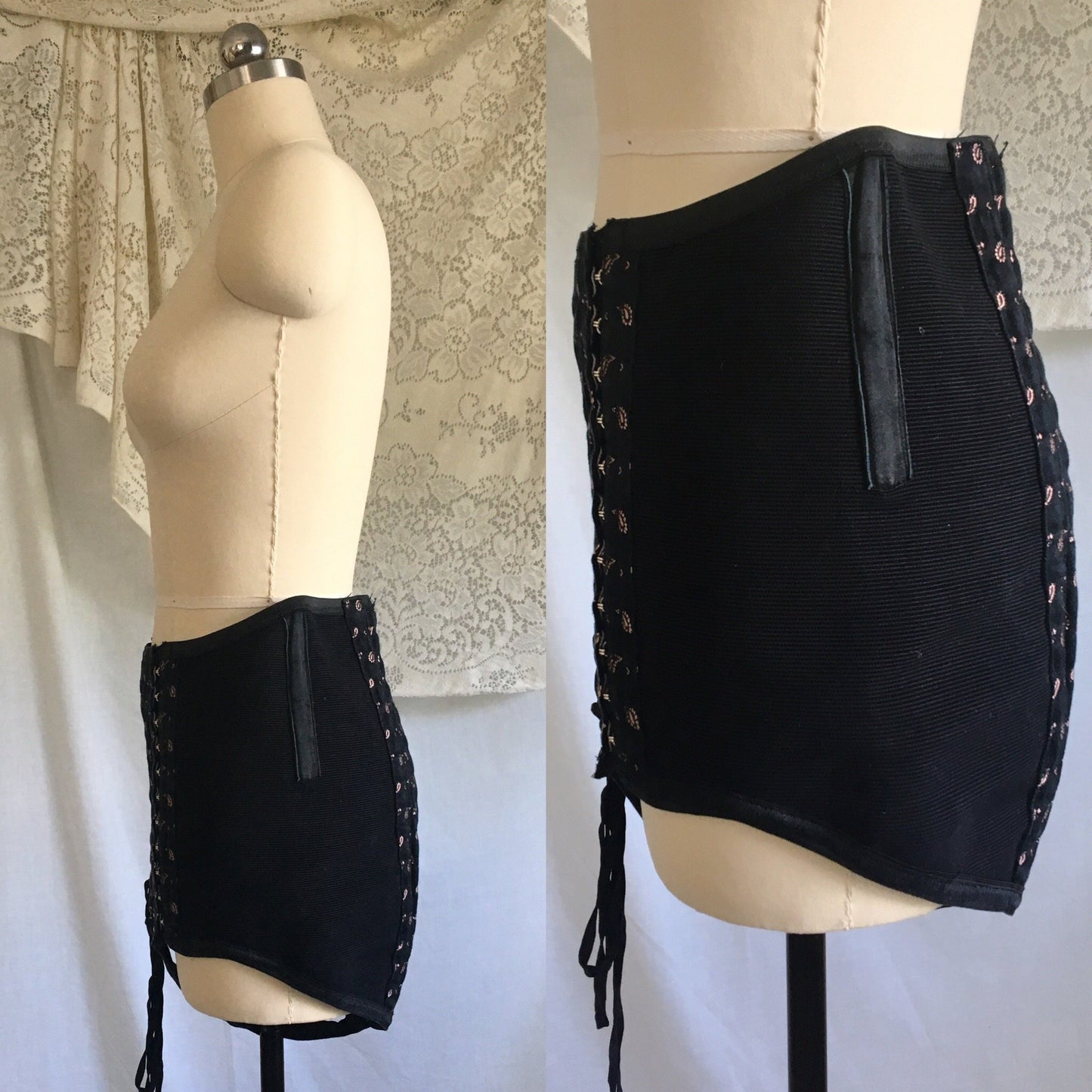 Vintage 1940's Corset Panties | Black Cotton with Pink Satin Damask & Velvet Lining | Size LG, XL | Made in France - Daggers & Dames