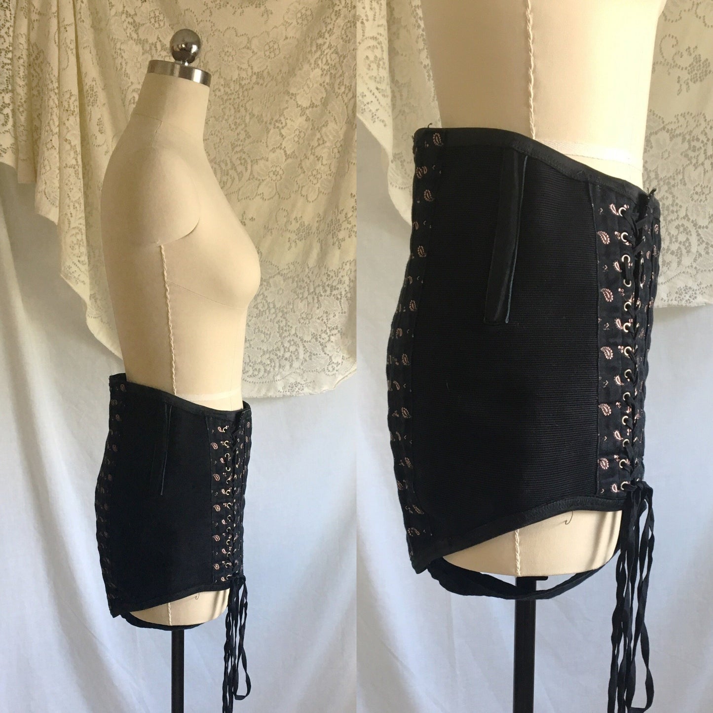 Vintage 1940's Corset Panties | Black Cotton with Pink Satin Damask & Velvet Lining | Size LG, XL | Made in France - Daggers & Dames