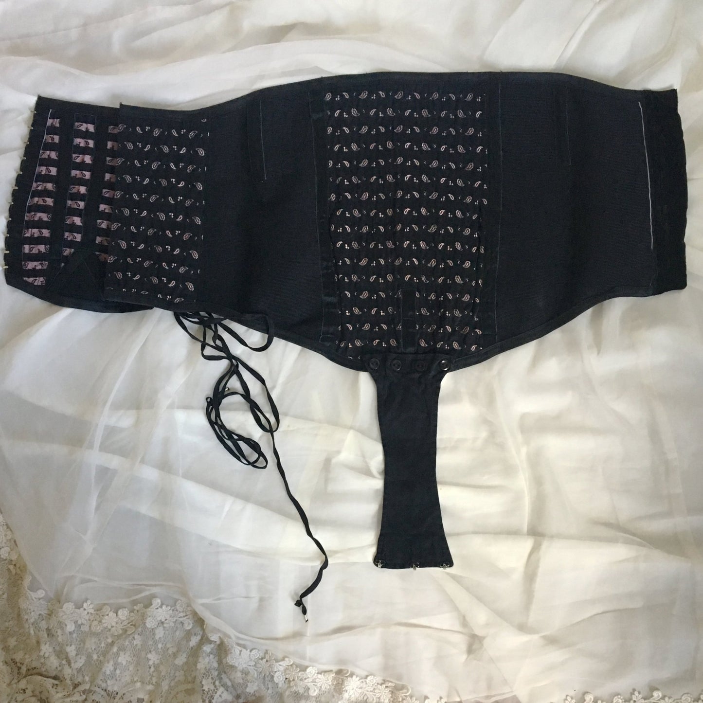 Vintage 1940's Corset Panties | Black Cotton with Pink Satin Damask & Velvet Lining | Size LG, XL | Made in France - Daggers & Dames