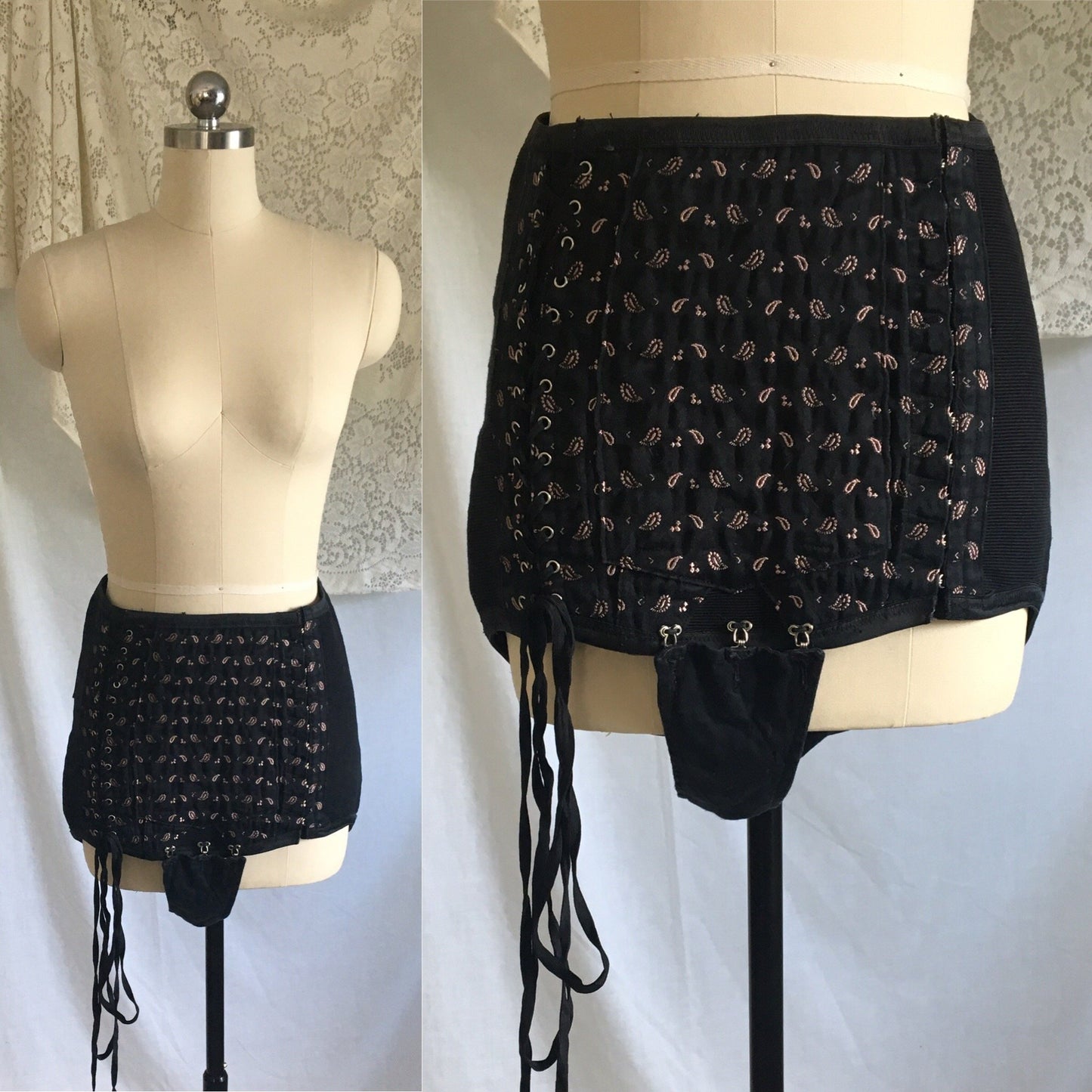 Vintage 1940's Corset Panties | Black Cotton with Pink Satin Damask & Velvet Lining | Size LG, XL | Made in France - Daggers & Dames