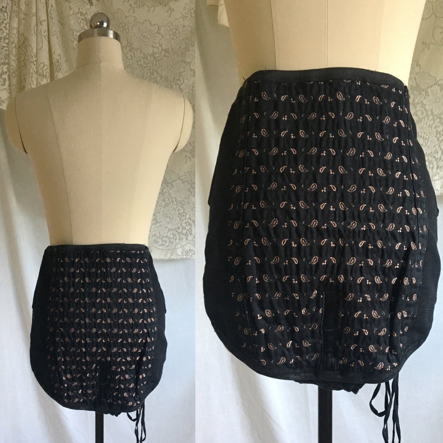Vintage 1940's Corset Panties | Black Cotton with Pink Satin Damask & Velvet Lining | Size LG, XL | Made in France - Daggers & Dames