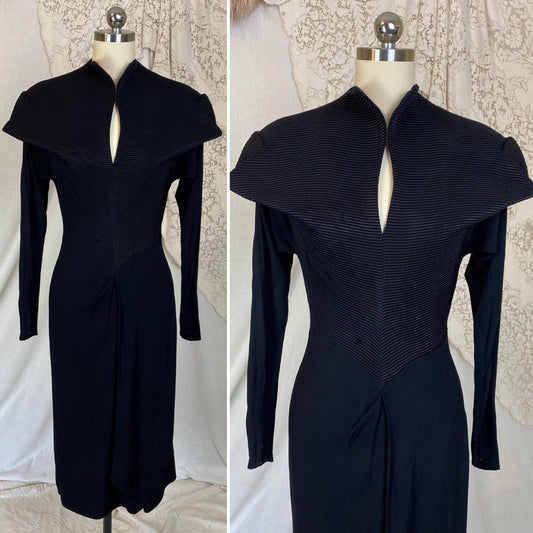 Vintage 1940's Dress | Black Rayon Crepe with High Collar & Darted Sleeves | Size XS | Dorothy O'Hara - Daggers & Dames