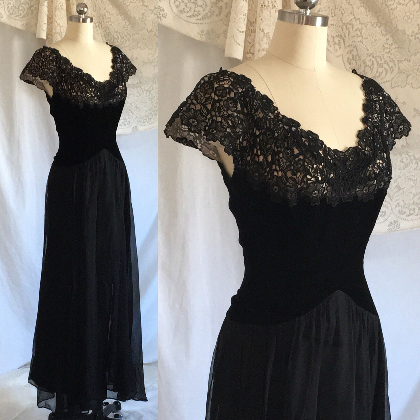 Vintage 1940's Dress | Black Velvet & Chiffon with Lace | Evening Gown | Off Shoulder | Size S - Daggers & Dames