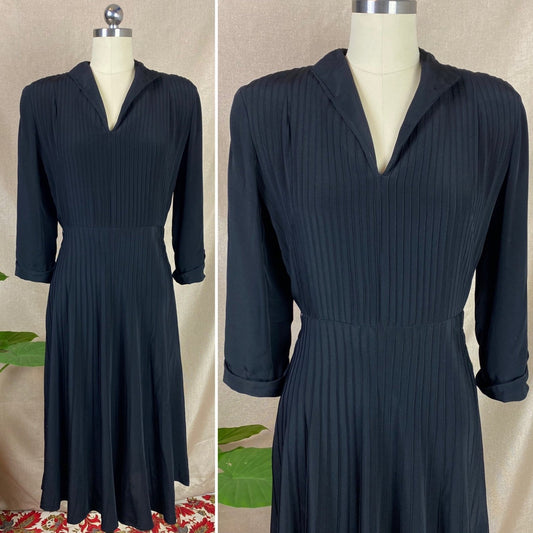 Vintage 1940's Dress | Inky Black Rayon with Pintucking | Size S | Ann Sutton - Daggers & Dames