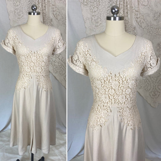 Vintage 1940's Dress | Light Nude Linen with Floral Guipure Lace | Size XS, S - Daggers & Dames