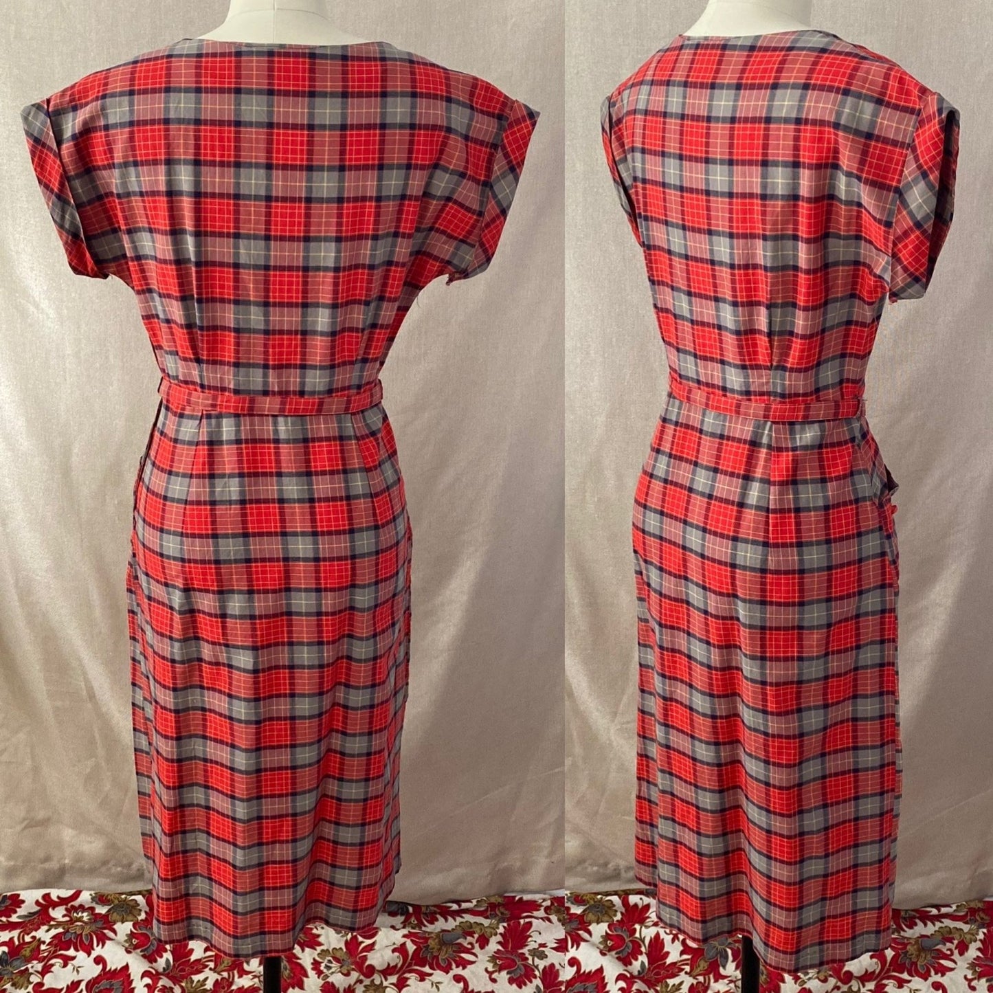 Vintage 1940's Dress | Red, Blue, & Taupe Plaid Lightweight Cotton with Belt | Size 36-38 Bust, M, LG - Daggers & Dames