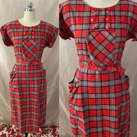 Vintage 1940's Dress | Red, Blue, & Taupe Plaid Lightweight Cotton with Belt | Size 36-38 Bust, M, LG - Daggers & Dames