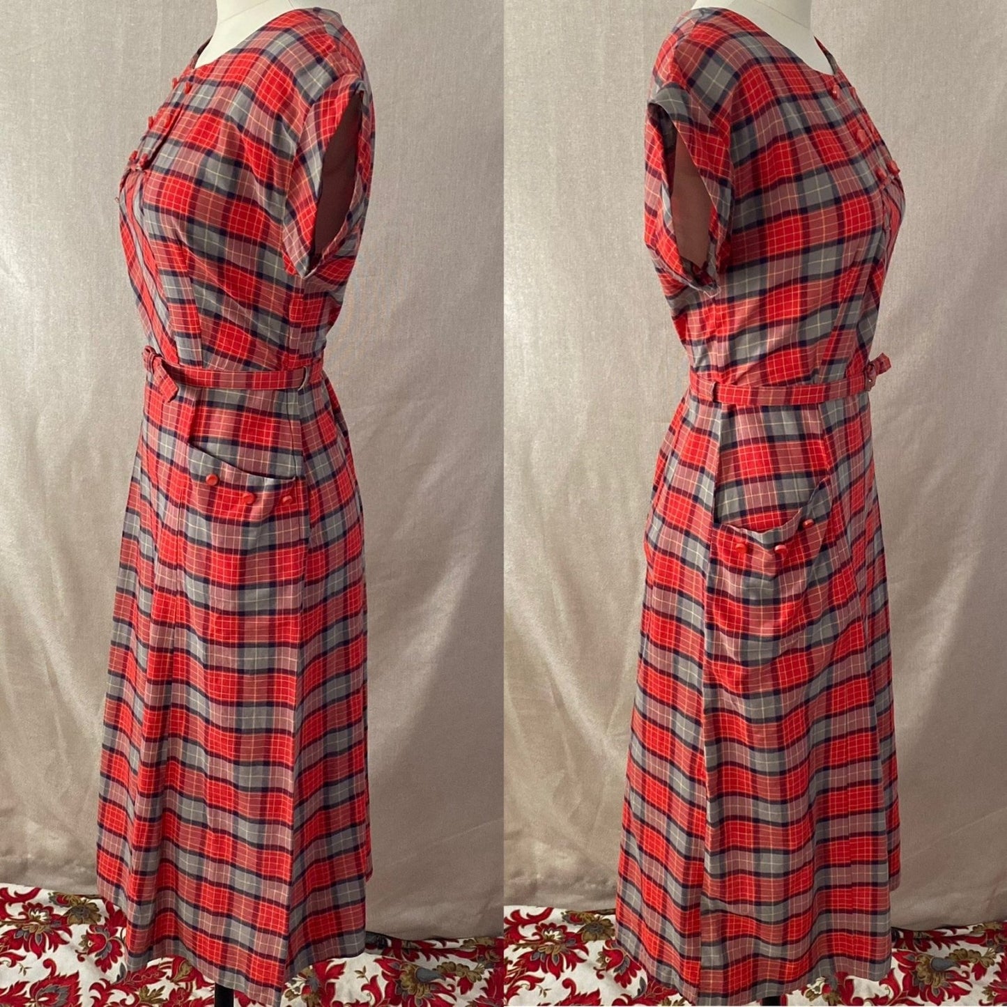 Vintage 1940's Dress | Red, Blue, & Taupe Plaid Lightweight Cotton with Belt | Size 36-38 Bust, M, LG - Daggers & Dames