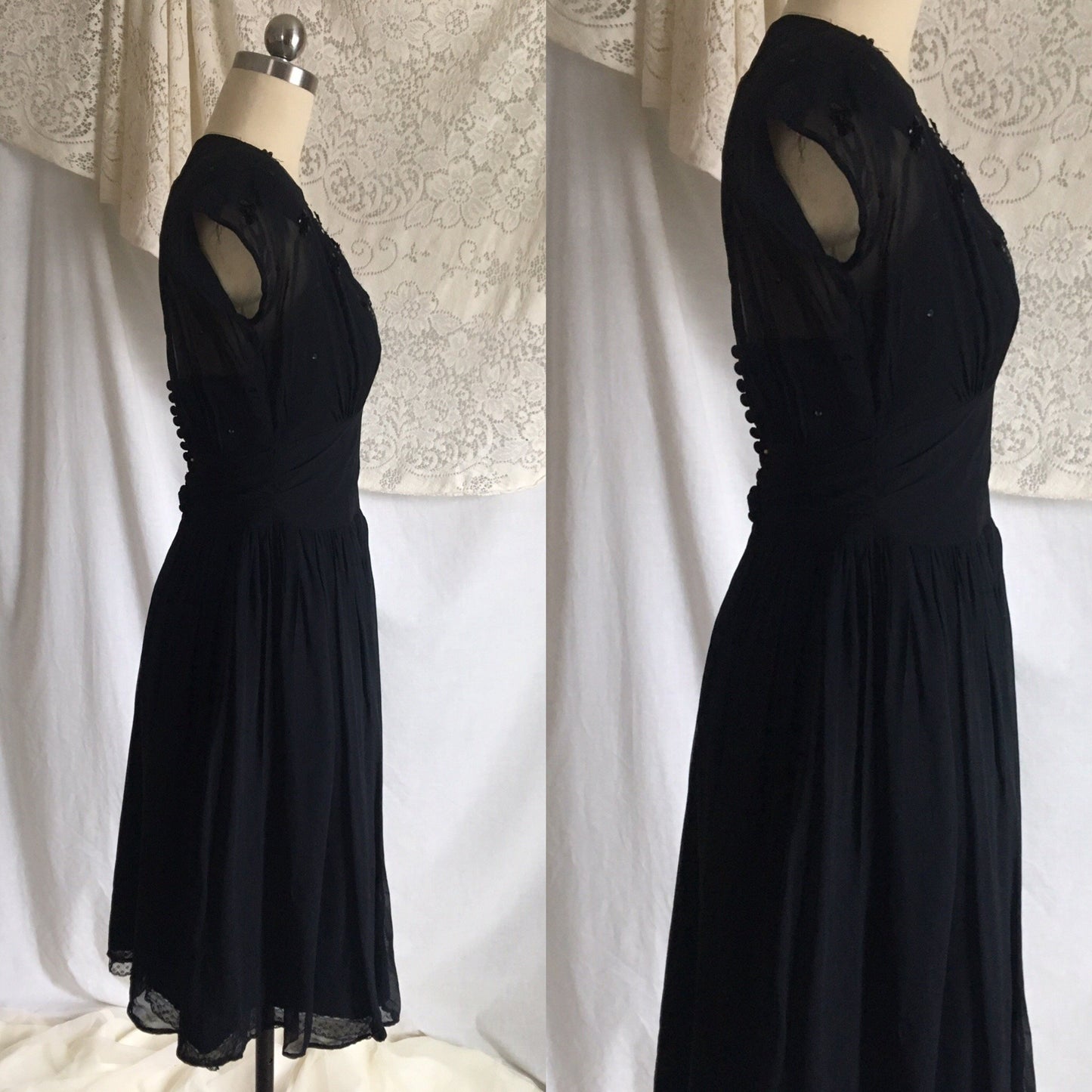 Vintage 1940's Dress | Sheer Midnight Blue Rayon Chiffon with Sequins & Button Up Back | Size XXS - Daggers & Dames