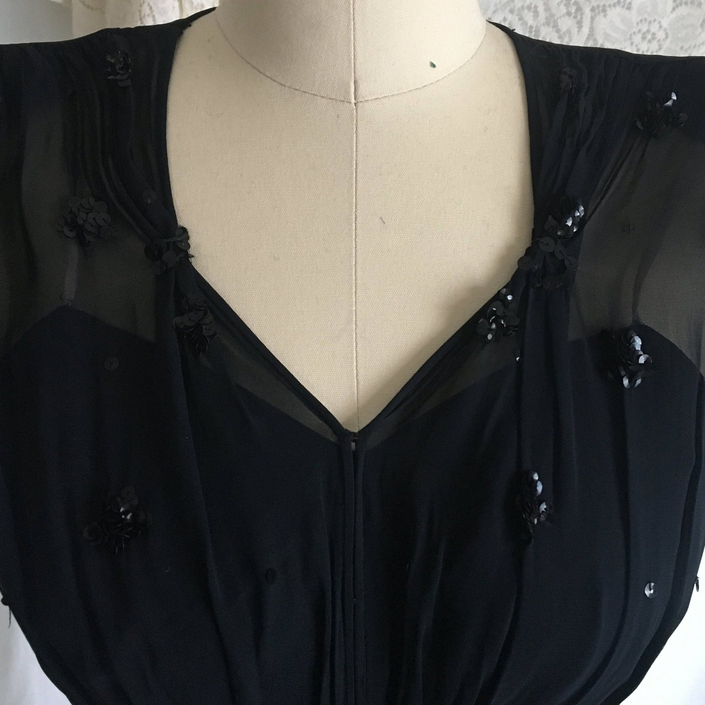 Vintage 1940's Dress | Sheer Midnight Blue Rayon Chiffon with Sequins & Button Up Back | Size XXS - Daggers & Dames