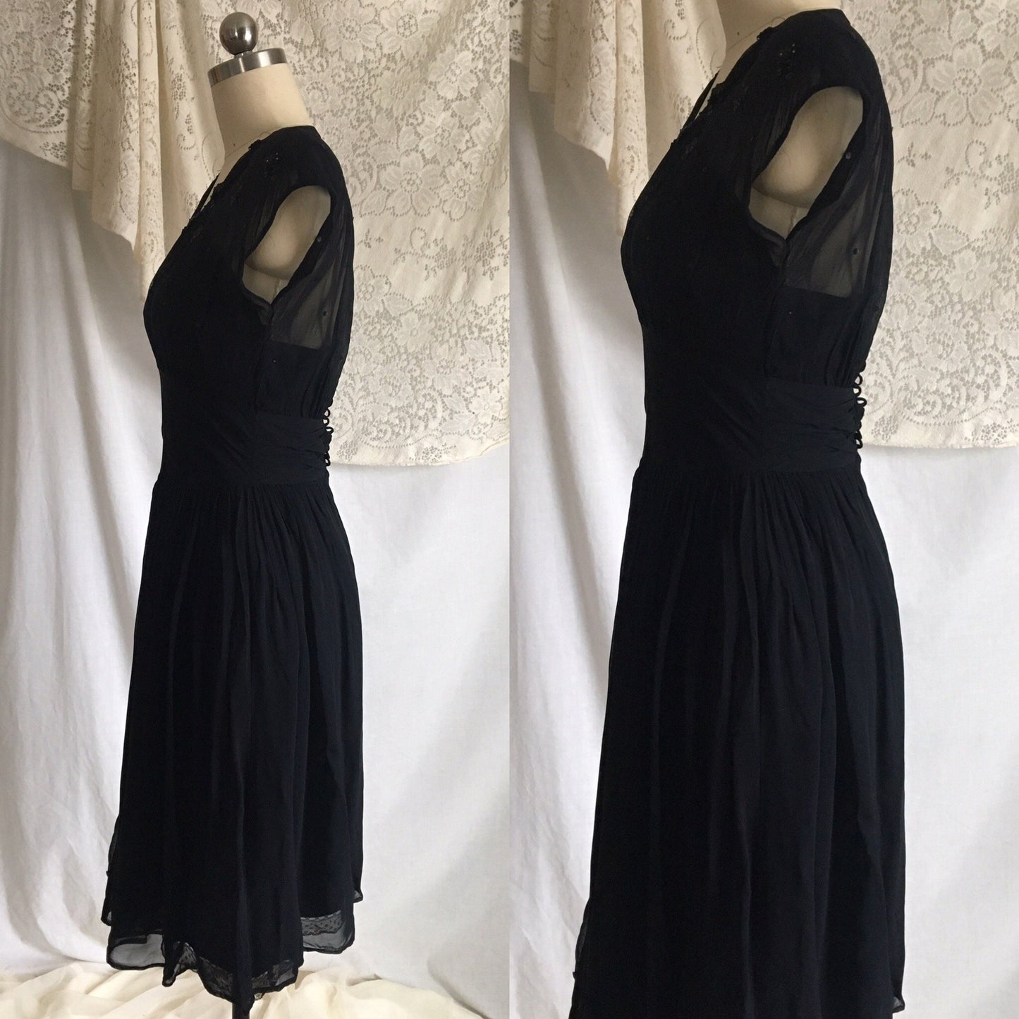 Vintage 1940's Dress | Sheer Midnight Blue Rayon Chiffon with Sequins & Button Up Back | Size XXS - Daggers & Dames