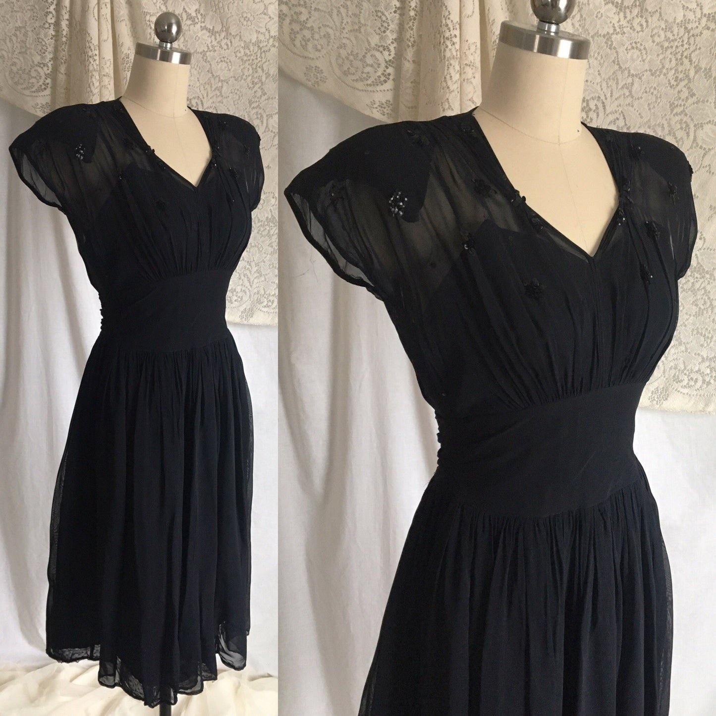 Vintage 1940's Dress | Sheer Midnight Blue Rayon Chiffon with Sequins & Button Up Back | Size XXS - Daggers & Dames