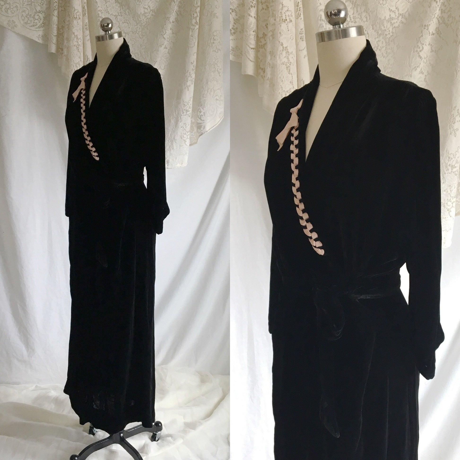 Vintage 1940's Dressing Gown | Black Silk Velvet with Powder Pink Ribbon | Bias Cut Step In Robe | Size S, M, LG - Daggers & Dames