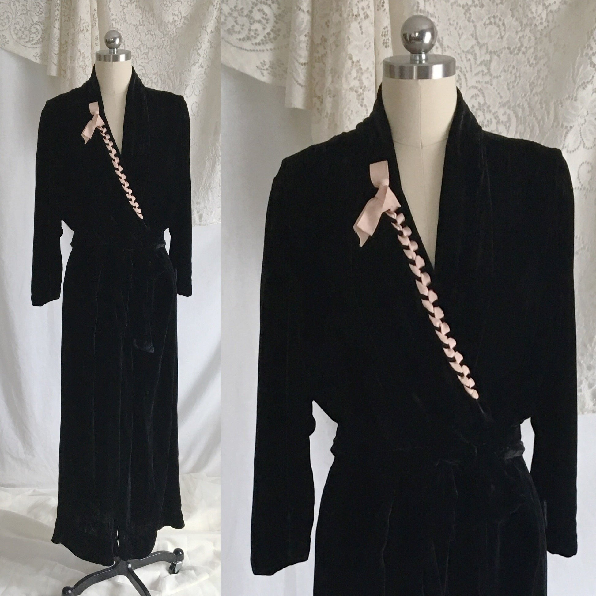 Vintage 1940's Dressing Gown | Black Silk Velvet with Powder Pink Ribbon | Bias Cut Step In Robe | Size S, M, LG - Daggers & Dames