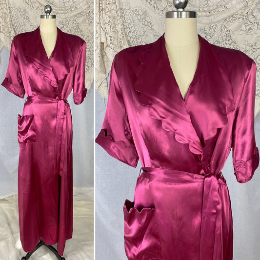 Vintage 1940's Dressing Gown Robe | Merlot Red Rayon Satin with Scalloped Edging | Size S, M, L | Never Worn - Daggers & Dames