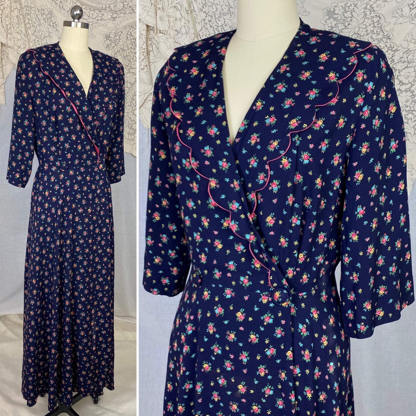 Vintage 1940's Dressing Gown Robe | Navy Blue Brushed Rayon with Floral Print | Size M, LG | Kamore - Daggers & Dames