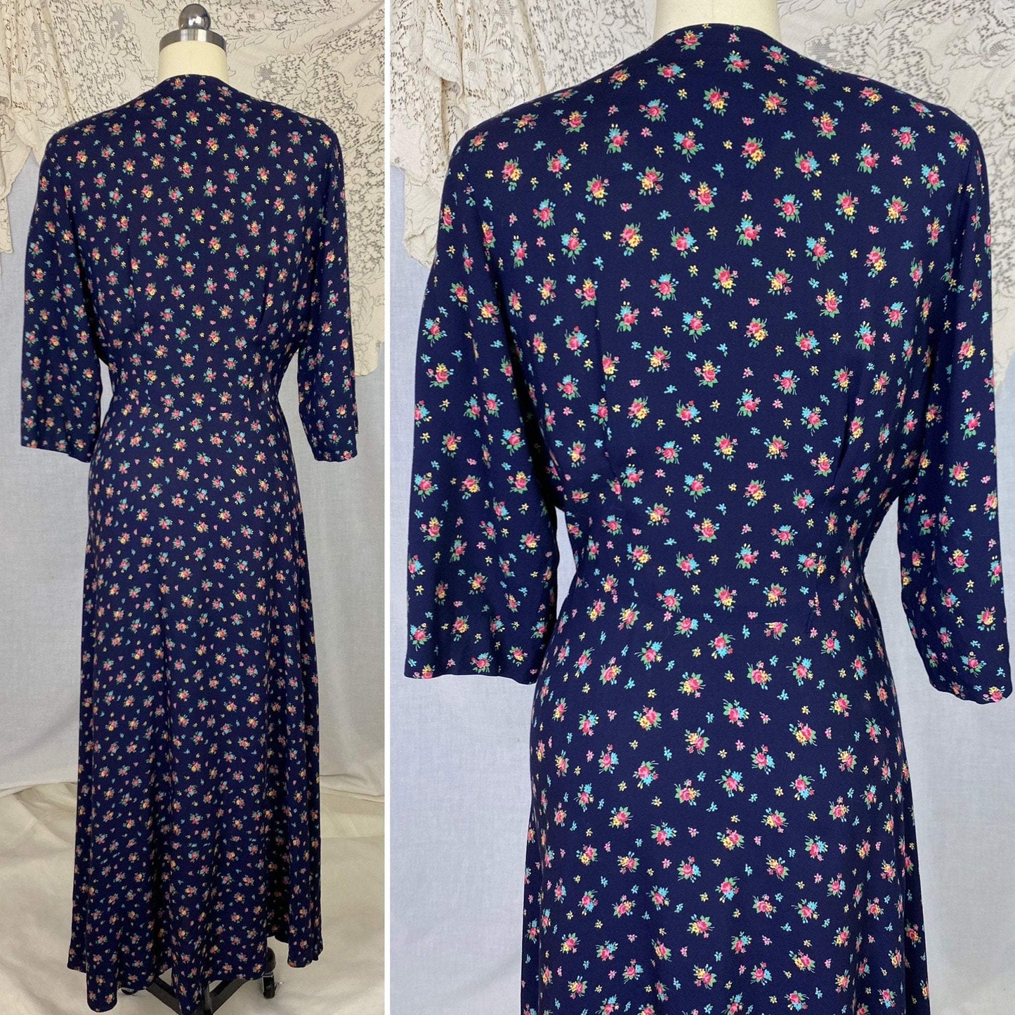 Vintage 1940's Dressing Gown Robe | Navy Blue Brushed Rayon with Floral Print | Size M, LG | Kamore - Daggers & Dames