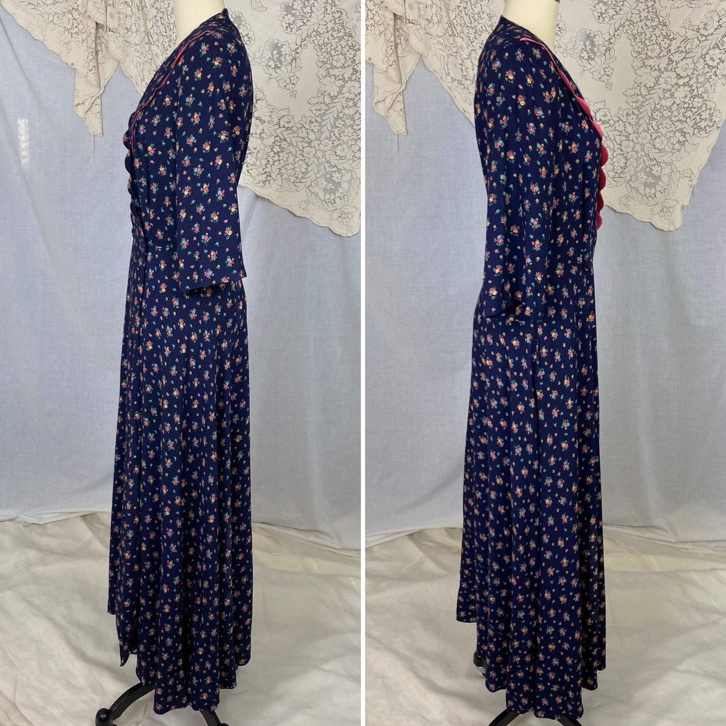Vintage 1940's Dressing Gown Robe | Navy Blue Brushed Rayon with Floral Print | Size M, LG | Kamore - Daggers & Dames