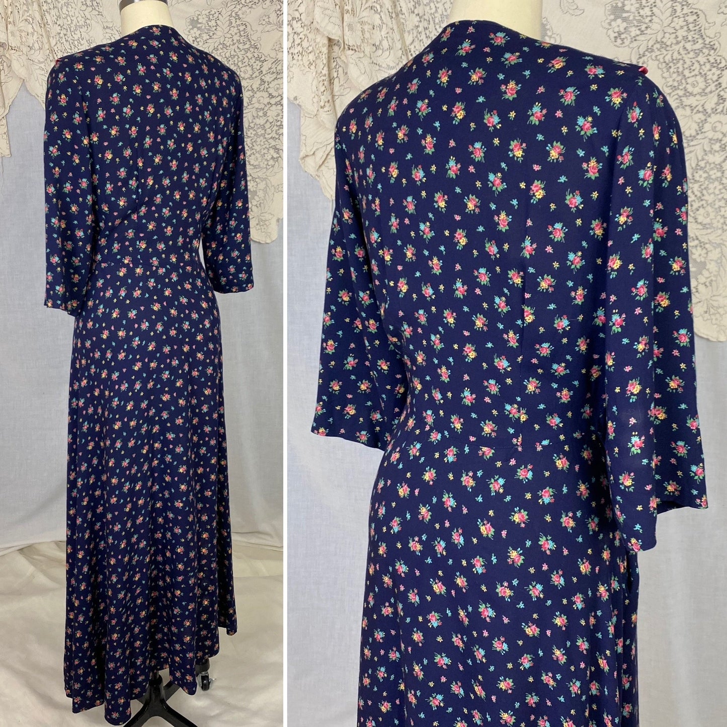 Vintage 1940's Dressing Gown Robe | Navy Blue Brushed Rayon with Floral Print | Size M, LG | Kamore - Daggers & Dames