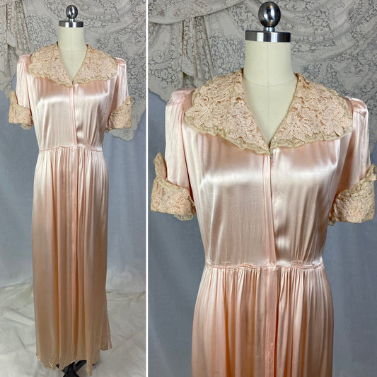 Vintage 1940's Dressing Gown Robe | Rich Dusty Rose Pink Rayon Satin Charmeuse with Nude Embroidered Lace | Size M - Daggers & Dames