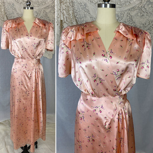 Vintage 1940's Dressing Gown Robe | Rich Rose Peach Rayon Satin with Floral Print | Size M | Styled by Saybury - Daggers & Dames