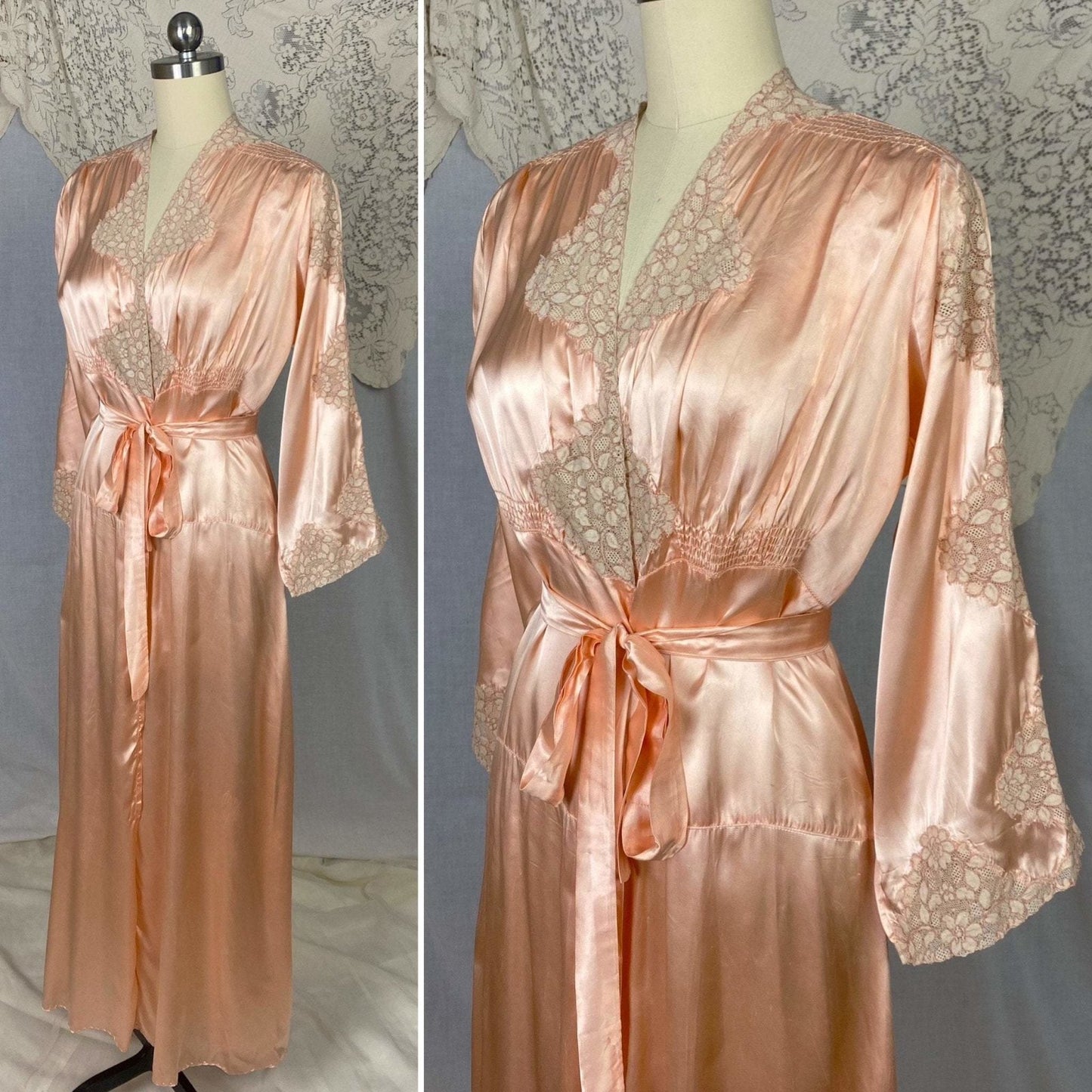Vintage 1940's Dressing Gown Robe | Rose Peach Rayon Satin with Ivory Alençon Lace | Size XS, S - Daggers & Dames