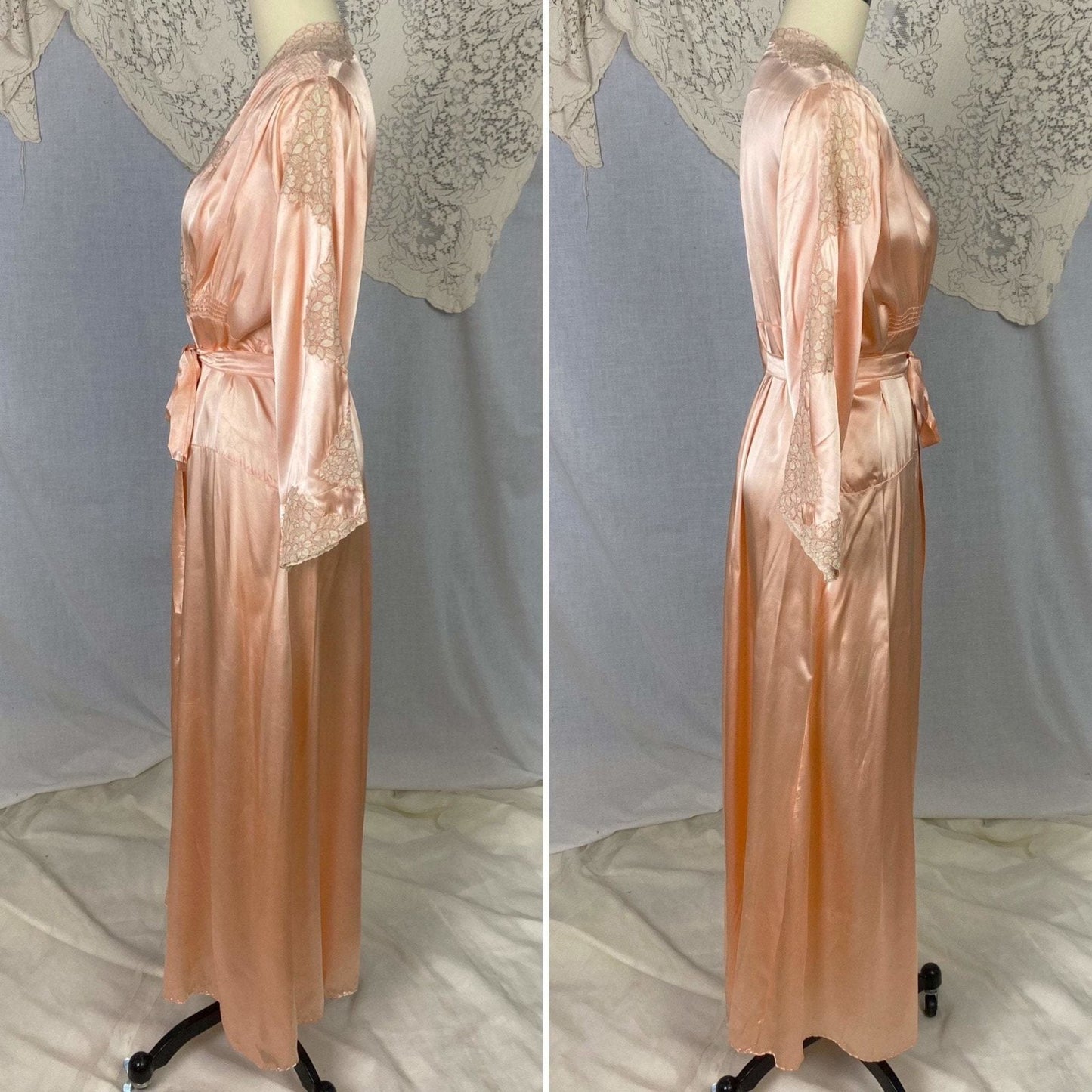 Vintage 1940's Dressing Gown Robe | Rose Peach Rayon Satin with Ivory Alençon Lace | Size XS, S - Daggers & Dames