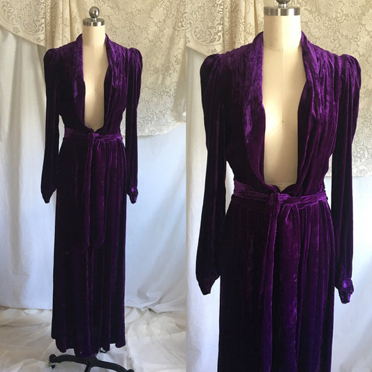 Vintage 1940's Dressing Gown Robe | Royal Purple Silk Velvet with Bishop Sleeves | Size S - Daggers & Dames
