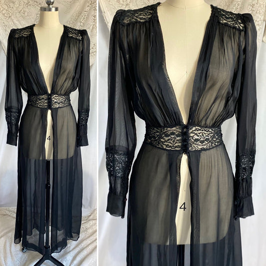 Vintage 1940's Dressing Gown Robe | Sheer Black Silk Chiffon with Chantilly Lace | Size XS - Daggers & Dames