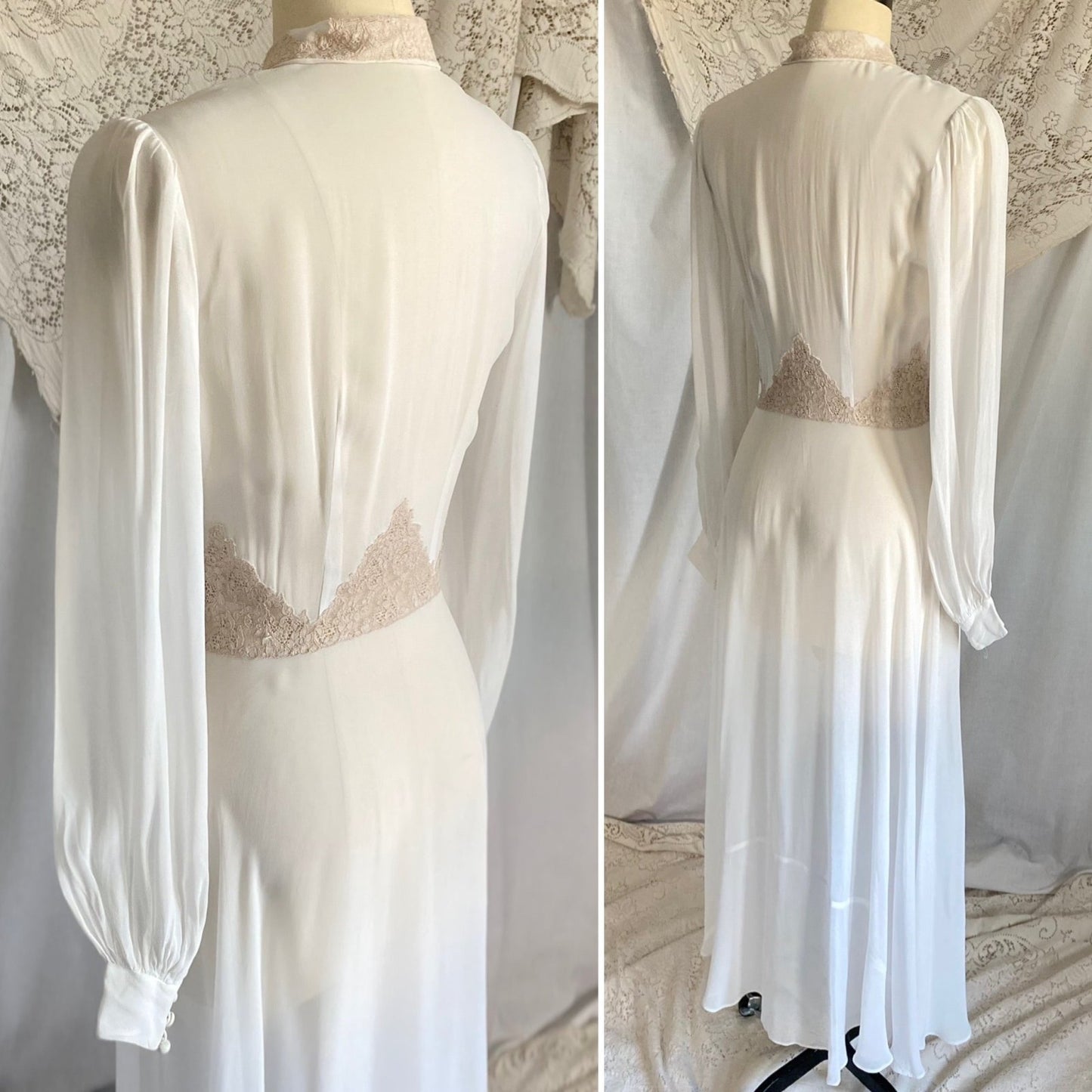 Vintage 1940's Dressing Gown Robe | Sheer White Rayon Chiffon with Warm Nude Cotton Lace | Size XS, S - Daggers & Dames