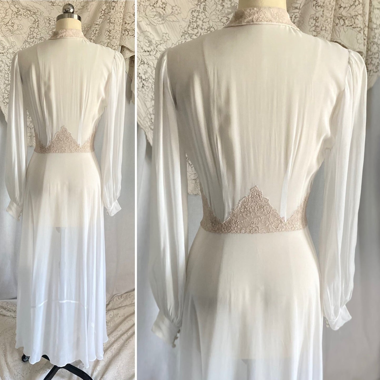 Vintage 1940's Dressing Gown Robe | Sheer White Rayon Chiffon with Warm Nude Cotton Lace | Size XS, S - Daggers & Dames